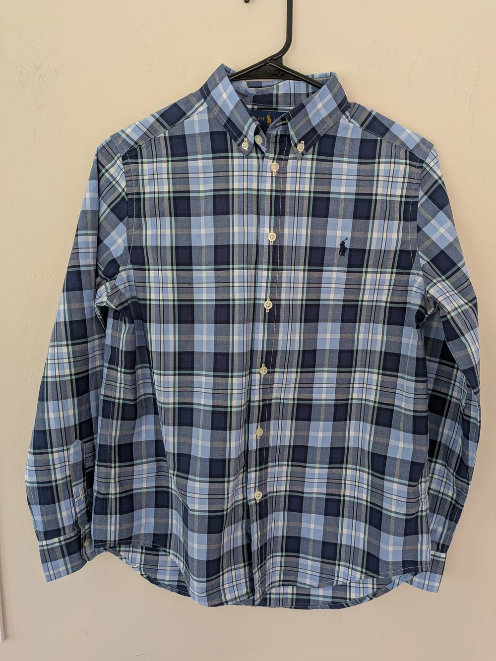 Ralph Lauren Boys L 14-16 Blue Plaid Button Down Shirt 100% Cotton Long Sleeve
